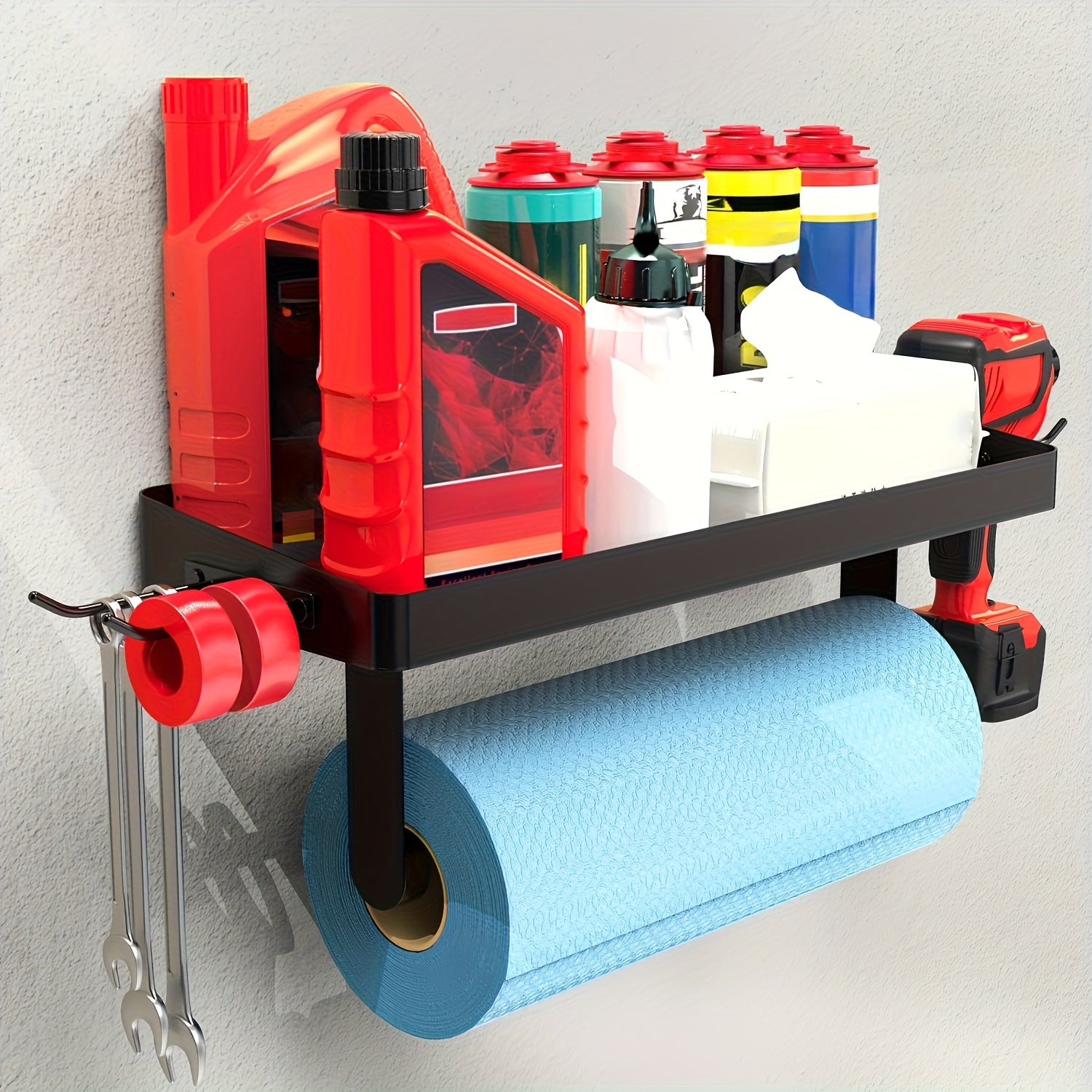 Heavy metal wall mounted garage storage rack matte black doublelayer storage rack with detachable hooks bearing 2268kg designed for one handed paper tearing suitable for kitchens garages workbenches bathrooms  industrial wind tool rack